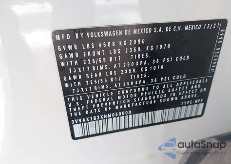 2022 Volkswagen Taos 1.5T S z USA, uszkodzony, nr VIN 3VVAX7B2XNM050000